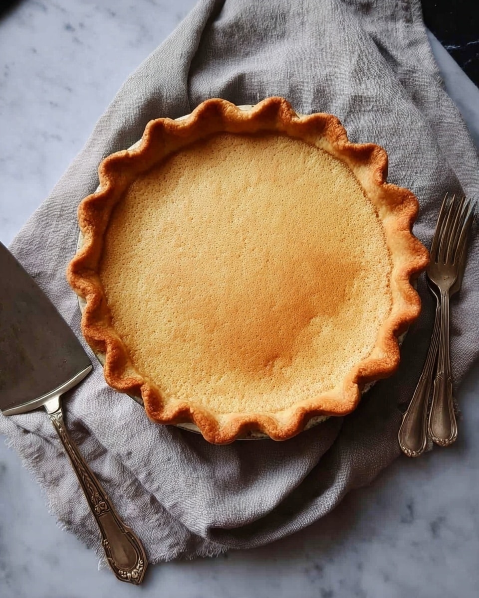 A single slice of creamy tan pie with a thick, crumbly golden brown crust sits on a white plate with petal-like edges. The creamy tan filling is smooth and slightly textured on top. The white plate rests on a soft, light gray cloth napkin with gentle folds. A vintage silver fork with an ornate handle lies next to the pie slice on the plate, showing some pie filling on its tines. In the blurred background, there are two more white plates each with a similar pie slice. The entire scene is on a white marbled surface. photo taken with an iphone --ar 4:5 --v 7
