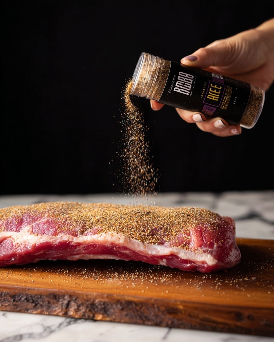 A large raw piece of meat lies flat on a wooden board with a visible layer of fat and pinkish-red muscle. Above it, a woman's hand holds a black and clear seasoning shaker labeled