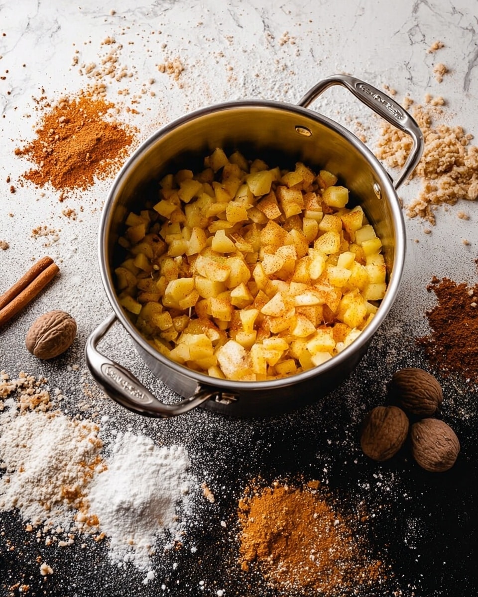 A large silver pot filled with many small, yellow and light brown apple pieces sits on a black surface sprinkled lightly with white powder and brown spices. Around the pot, there are small piles of white powder, orange-brown spice, two whole nutmegs, more white powder, and light brown sugar crumbs scattered on the surface. The background is a white marbled texture. photo taken with an iphone --ar 4:5 --v 7