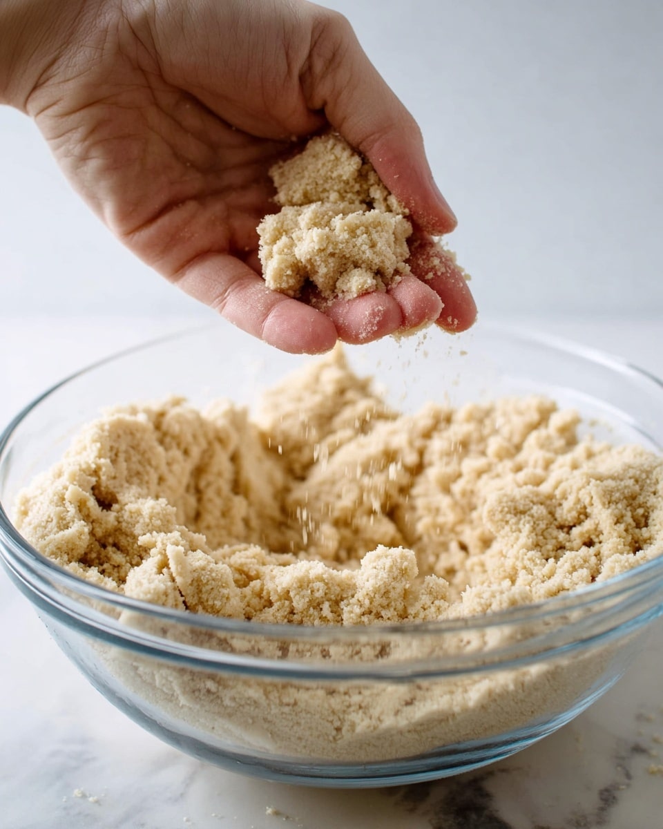 A clear glass bowl filled with a crumbly, beige dough mixture with a rough texture fills most of the frame, sitting on a white marbled surface. A woman's hand is holding a small chunk of the dough above the bowl, showing its coarse and grainy texture, with visible small clumps falling from the woman's fingers. The lighting is soft and natural, highlighting the dough's uneven surface and the hand's skin details. The background is out of focus, making the dough and the woman's hand the main focus. photo taken with an iphone --ar 4:5 --v 7