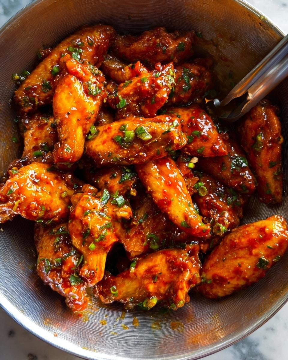 A close-up view of a metal bowl filled with about a dozen chicken wings coated in shiny, orange-red sauce mixed with green herbs and small pieces of green onion layers. The wings have a glossy, sticky texture, some showing slight charring or browning on the edges. A silver pair of tongs rests inside the bowl, partially buried in the wings. The background and surface around the bowl show a white marbled texture. photo taken with an iphone --ar 4:5 --v 7
