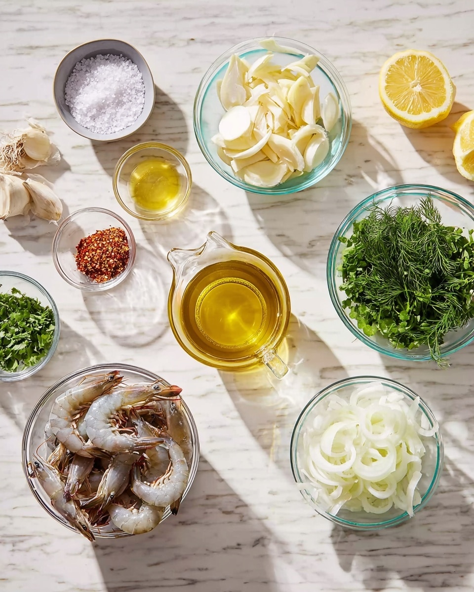 The image shows several glass bowls and a white bowl placed on a white marbled surface, each bowl containing different ingredients. In the top row, from left to right, there is a small glass bowl with coarse salt, another glass bowl with white garlic slices, a white bowl with thin yellow lemon slices, a glass bowl filled with fresh green herbs like dill, and a glass measuring cup with light yellow liquid. Below, smaller glass bowls hold red chili flakes and more coarse salt, a larger glass bowl with raw shrimp that have a greyish color and visible tails, a glass bowl filled with fresh green parsley, a white bowl with white sliced onions, and a small glass container with golden olive oil. The scene is bright and neatly arranged with shadows visible on the surface. Photo taken with an iphone --ar 4:5 --v 7