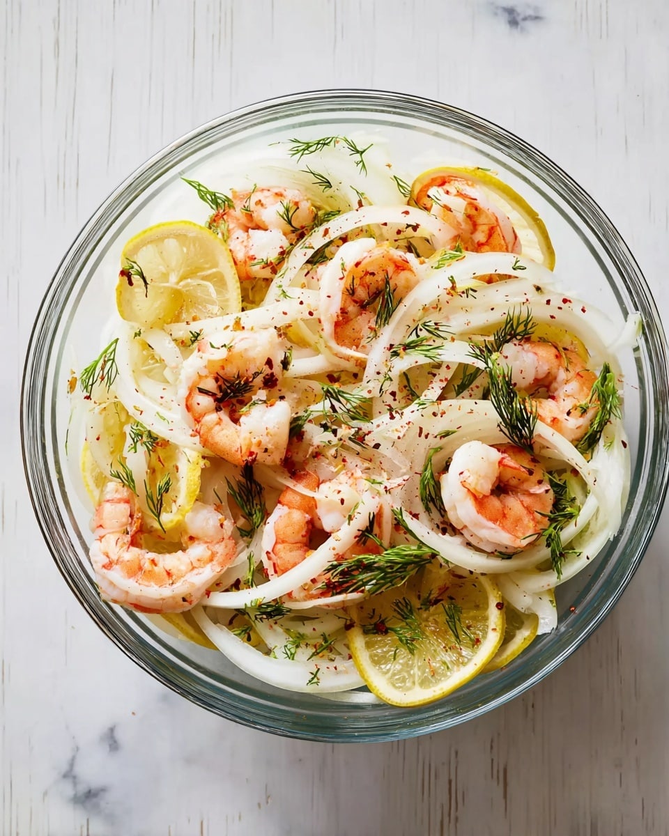 The dish is a clear glass bowl filled with layers of food. The bottom layer has thin white onion slices spread all around. On top of this are several pink cooked shrimp scattered evenly, showing their curled shape and smooth texture. Mixed among the shrimp and onions are thin, pale lemon slices with visible seeds and green herbs like dill and parsley, adding some spots of green. Some red flakes of seasoning are sprinkled lightly over everything. The bowl sits on a white marbled surface. Photo taken with an iphone --ar 4:5 --v 7