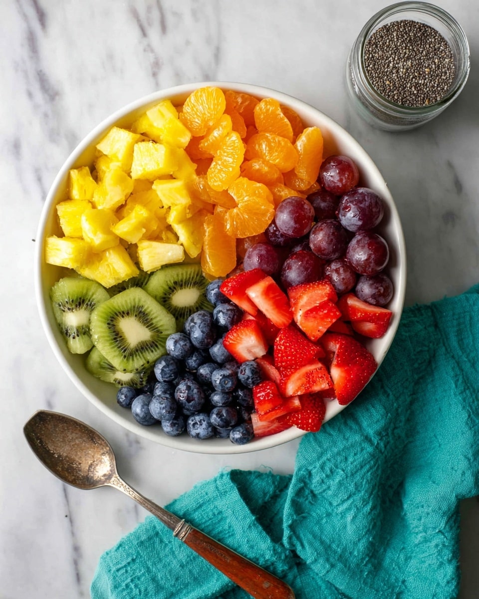A white bowl is full of mixed fruit salad made of many colorful pieces: bright yellow pineapple chunks, red strawberry slices, small dark blue blueberries, reddish-purple grape halves, orange cantaloupe pieces, and small green kiwi slices, all mixed and sprinkled with tiny black seeds. A wooden-handled spoon stands inside the bowl on the right side. The background is a white marbled surface with blurred pineapple and grape bunch visible. A teal cloth is partially seen at the bottom left corner. The whole scene looks fresh and bright. photo taken with an iphone --ar 4:5 --v 7