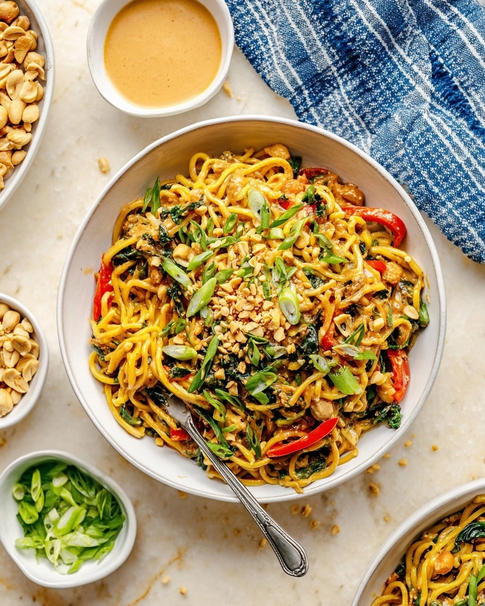 A white bowl filled with a colorful noodle dish sits on a white marbled surface, showing several layers: the base is thick yellow noodles mixed with small chunks of light brown protein and wilted green leafy vegetables. Scattered among the noodles are thin slices of bright red bell pepper and sprinkled chopped peanuts giving a rough texture on top. Fresh green onion slices are generously spread across the dish for color contrast. A metal fork rests inside the bowl, partially twirling the noodles. Around the main bowl are smaller white bowls containing more green onion slices and a light beige creamy sauce, along with a small white bowl of peanuts nearby. A blue and white striped cloth is partly visible at the edge. Photo taken with an iphone --ar 4:5 --v 7