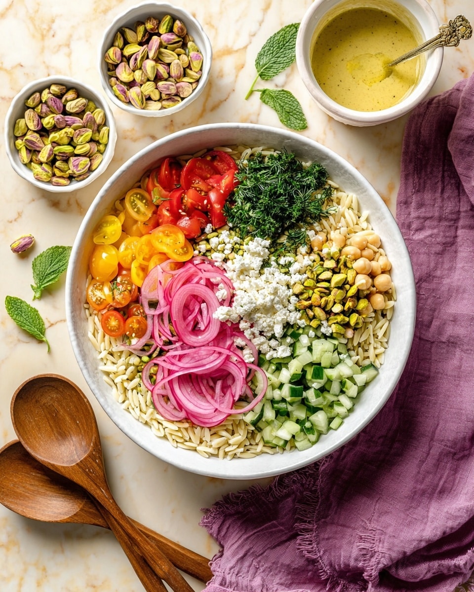 A large white bowl on a white marbled surface holds a colorful layered salad, starting with a base of light-colored orzo pasta that fills the bowl. On top, there are six distinct sections arranged like slices of a circle: halved red, yellow, and green cherry tomatoes at the top left, finely chopped dark green parsley on the top right, light green chickpeas with thinly sliced pink pickled onions in the center right, bright green chopped cucumbers and mint leaves at the bottom right, bright green pistachios next to them at the bottom left, and crumbled white cheese just left of center. Fresh dill sits in the middle, adding a touch of texture. Around the bowl, there are small white bowls filled with pistachios, pink pickled onions, and a creamy sauce with visible spices. A pair of wooden spoons and a purple cloth are placed near the bowl. Photo taken with an iphone --ar 4:5 --v 7
