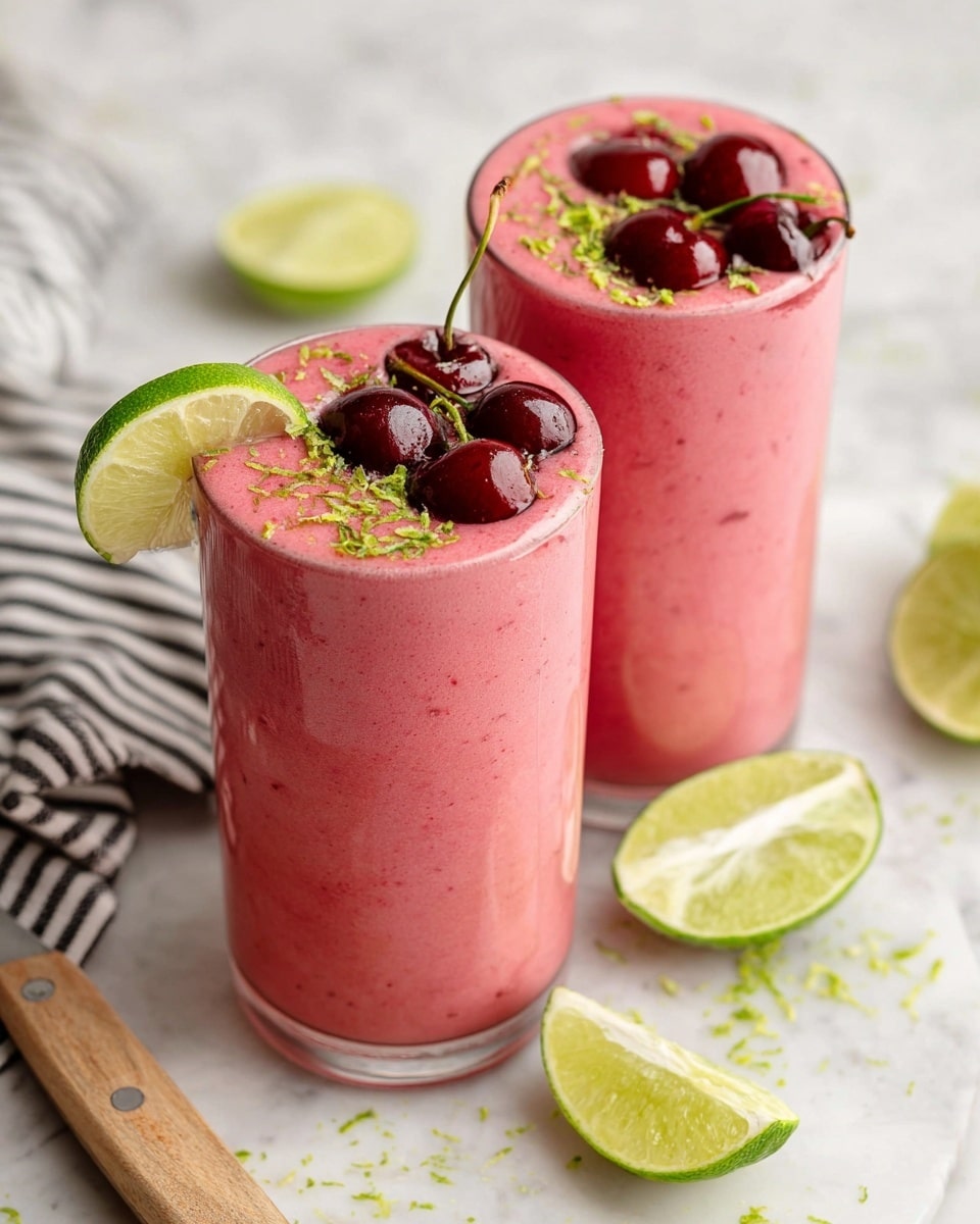 Two tall clear glasses are filled with thick, smooth pink smoothie layers, each topped with three dark red cherries and green lime zest sprinkled across the surface. One glass has a thin slice of bright green lime placed on the rim. The glasses sit on a white marbled surface, surrounded by fresh lime slices, a whole lime, a knife with a light wooden handle, and a folded black-and-white striped cloth. The light highlights the creamy texture and rich color of the smoothies. Photo taken with an iphone --ar 4:5 --v 7