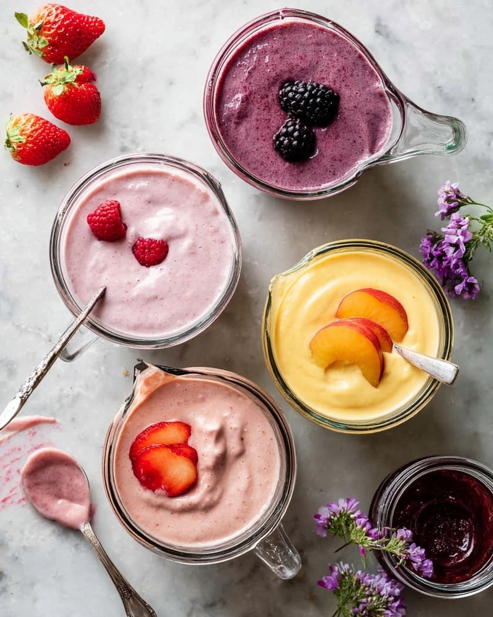 Four clear glass measuring cups are placed on a white marbled surface, each filled with a different colored creamy smoothie. The top left cup contains a light pink smoothie with two whole raspberries on top. The top right cup holds a purple smoothie with two blackberries and a spoon resting inside. The bottom left cup has a pale pink smoothie with half a strawberry on top. The bottom right cup is filled with a yellow smoothie, garnished with two peach slices and a spoon inside. Around the cups, there are whole strawberries, two spoons with purple and pink smoothie traces, a small jar with dark contents, and tiny purple flowers. Photo taken with an iphone --ar 4:5 --v 7