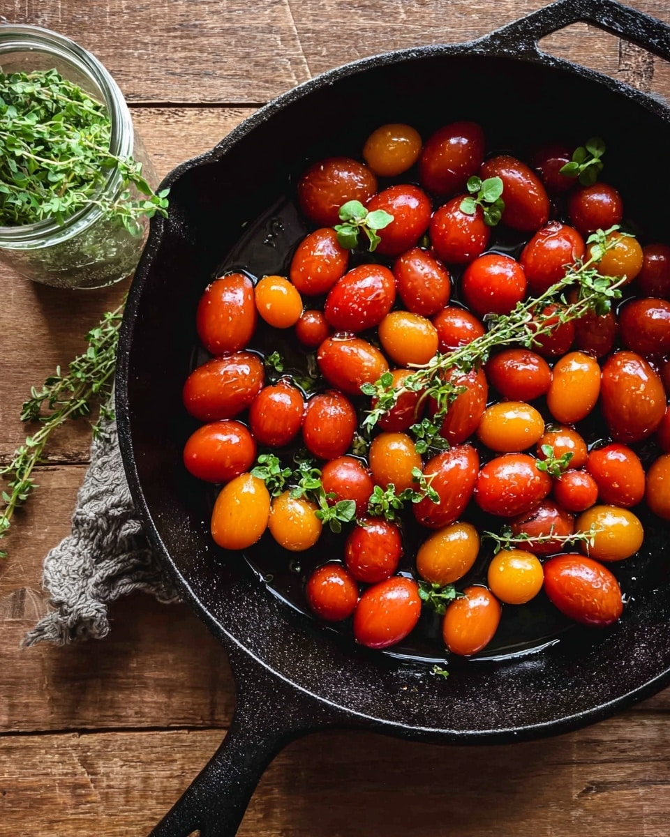 A black cast iron pan filled with a single layer of red and orange cherry tomatoes, some round and some oval, glistening with oil. Small sprigs of green herbs are scattered on top of the tomatoes, adding contrast. The pan rests on a wooden surface, and a small glass jar with green herb stems is placed nearby. photo taken with an iphone --ar 4:5 --v 7