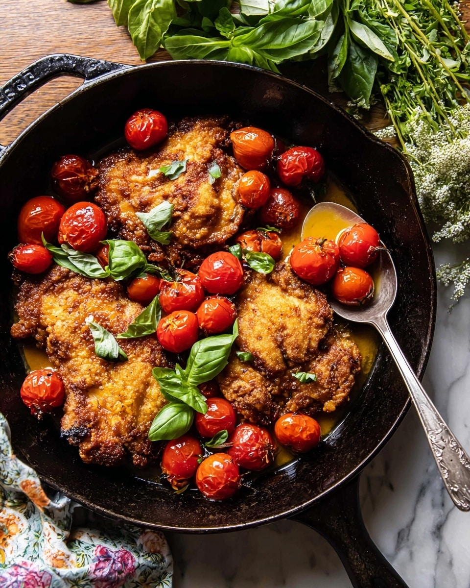 A black cast iron pan holds three pieces of golden brown fried chicken, each with a crispy, textured surface that shines slightly with oil and butter. Scattered around and on top of the chicken are many bright red cherry tomatoes, some with slight char marks and a shiny, smooth surface. Fresh green basil leaves are placed on the chicken and tomatoes, adding a fresh and vibrant touch. A silver spoon rests in the pan, holding a few tomatoes and some butter sauce that pools at the bottom. The pan is set on a white marbled surface, with a hint of a floral cloth and fresh green herbs nearby. photo taken with an iphone --ar 4:5 --v 7