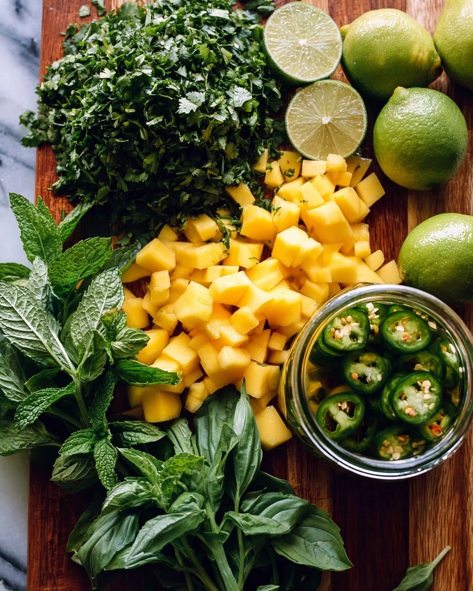 The image shows a close-up of fresh chopped ingredients on a wooden board. At the top left, there is a pile of bright green chopped cilantro with a rough texture. Below it, there are small cubes of yellow mango with a juicy smooth look, some pieces still with red skin. To the right of the cilantro, there are halved and whole limes with shiny light green inside and a darker green peel, placed near fresh mint leaves that have a textured, veiny surface. At the bottom left, there is a bunch of dark green basil leaves with smooth edges. On the right side, a small glass jar filled with green sliced jalapeños soaking in liquid, showing seeds and the shiny, wet texture of the peppers. The image is sharp with natural lighting, on a white marbled texture. Photo taken with an iphone --ar 4:5 --v 7
