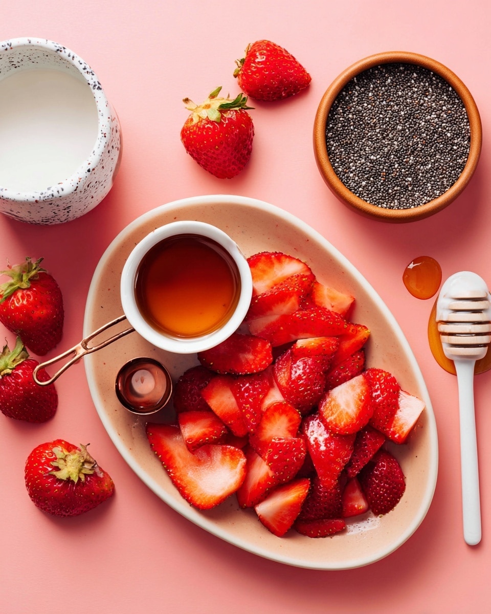 The image shows a close-up of a white bowl filled with bright red, sliced strawberries placed on a peach oval plate. On the plate, there is also a small copper measuring cup filled with dark amber syrup and a small drop of syrup beside it. Around the plate, whole fresh strawberries and strawberry slices are scattered on a pink background. Next to the plate, a white spoon with honey rests, and a white bowl with black speckles holds white milk, while a small terracotta bowl filled with black and white chia seeds is nearby. The scene is bright and clean with vivid colors. Photo taken with an iphone --ar 4:5 --v 7