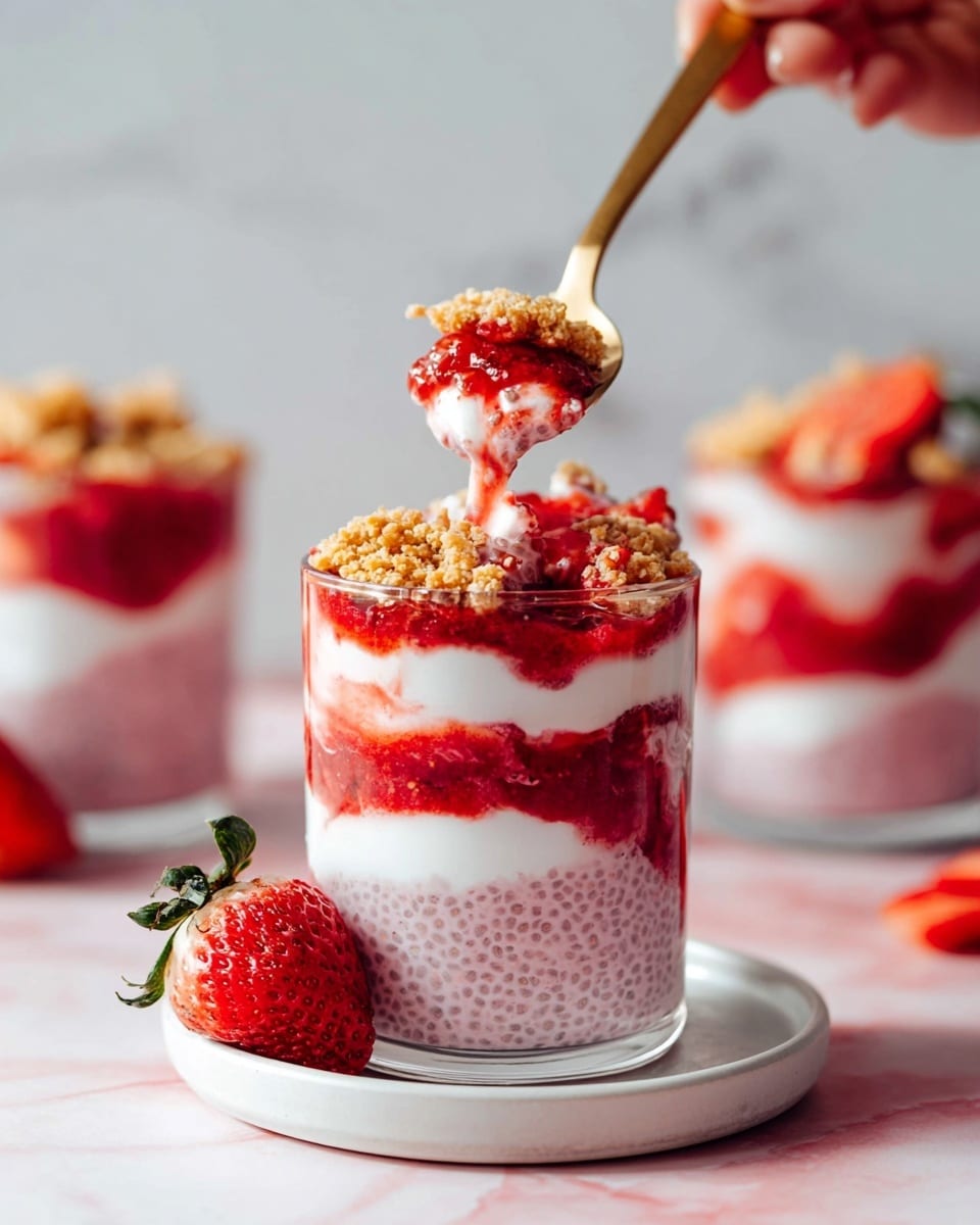 The image shows a clear glass cup filled with five layers: the bottom and third layers are light pink chia pudding, the second and fourth layers are white creamy yogurt, and red strawberry sauce is swirled between each layer. The top is garnished with crumbled light brown cookie bits and a layer of strawberry sauce. A gold spoon with some of the dessert on it is held above the cup by a woman's hand. The cup sits on a round white plate, with a fresh red strawberry resting beside it. The surface has a white marbled texture. Two more cups of the same dessert are visible blurred in the background. photo taken with an iphone --ar 4:5 --v 7