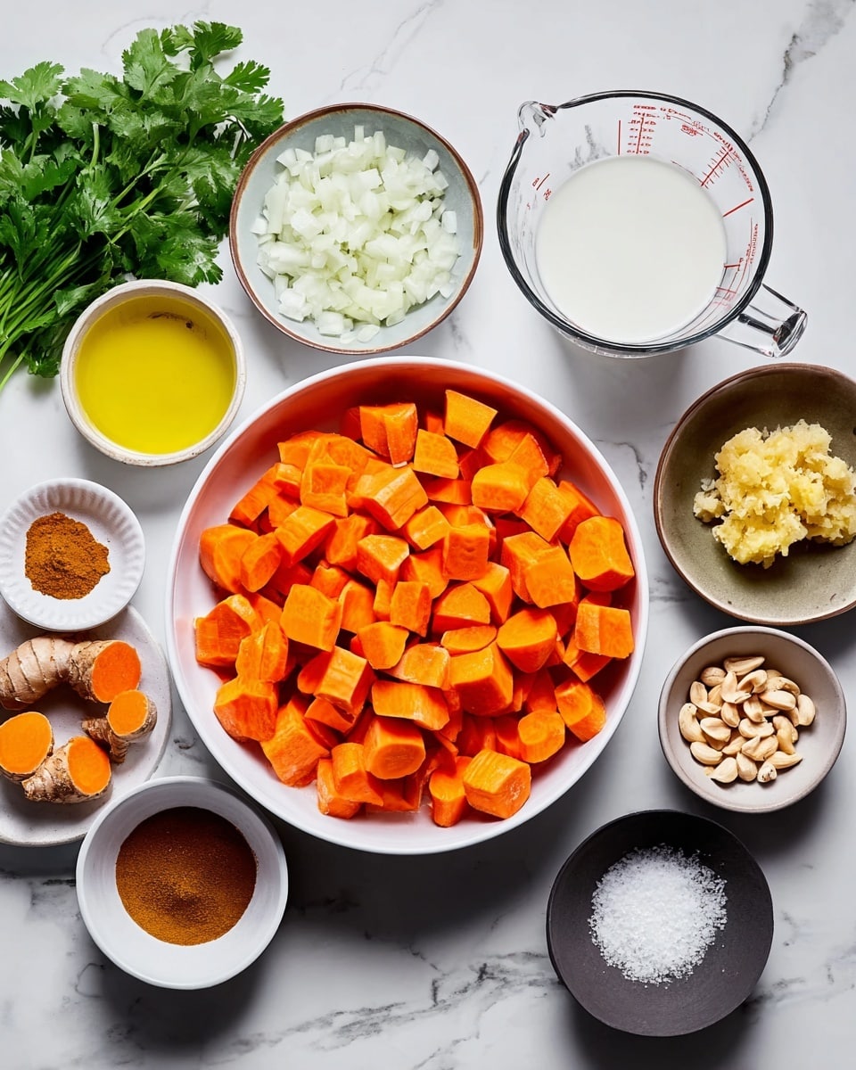 A large white bowl in the center is full of bright orange carrot pieces cut into chunks. Around it are several smaller bowls on a white marbled surface: one with chopped white onion, one with garlic pieces, one with yellow ginger paste, one with a yellow liquid that looks like oil, and one with small cut nuts. There is a clear measuring cup with white liquid, possibly coconut milk, and two small bowls with light brown and dark brown powders, likely spices. Fresh green leaves, probably cilantro, are on the left side. At the bottom right, a small dark bowl contains white salt. All bowls and cups are arranged neatly for easy viewing photo taken with an iphone --ar 4:5 --v 7