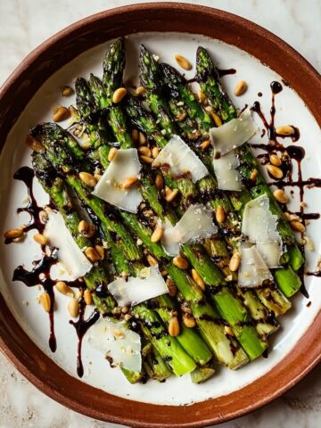Grilled Asparagus with Balsamic Reduction, Pine Nuts, and Parmesan Recipe