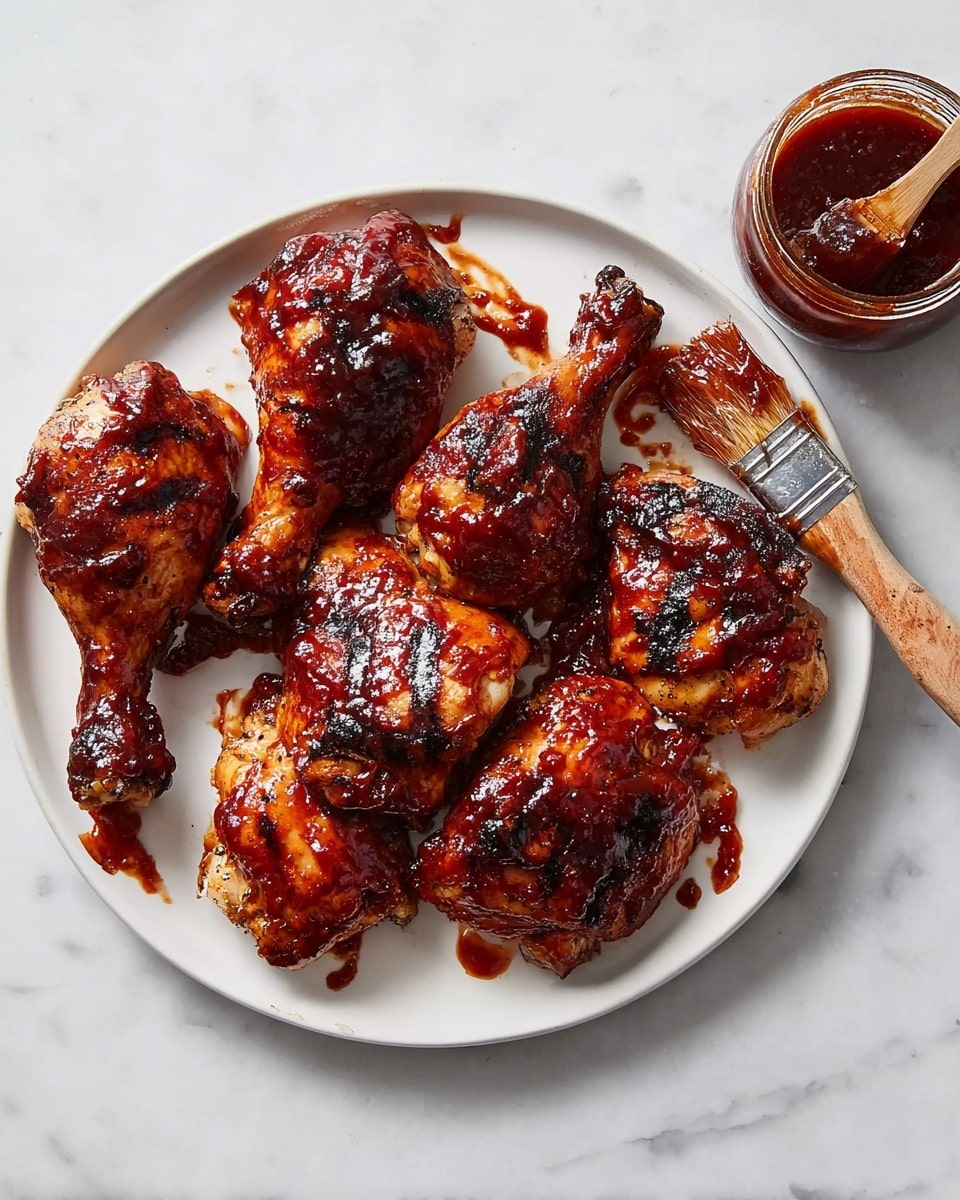 A white plate holds seven pieces of grilled chicken covered in thick, shiny dark reddish-brown barbecue sauce with some charred spots. The chicken pieces vary in size and shape, showing legs, thighs, and wings. Some sauce drips and smears are visible on the plate. To the right side of the plate, there is a small clear glass jar filled with the same sauce and a wooden basting brush resting in it, with sauce on the brush bristles. Everything is set on a white marbled surface. photo taken with an iphone --ar 4:5 --v 7