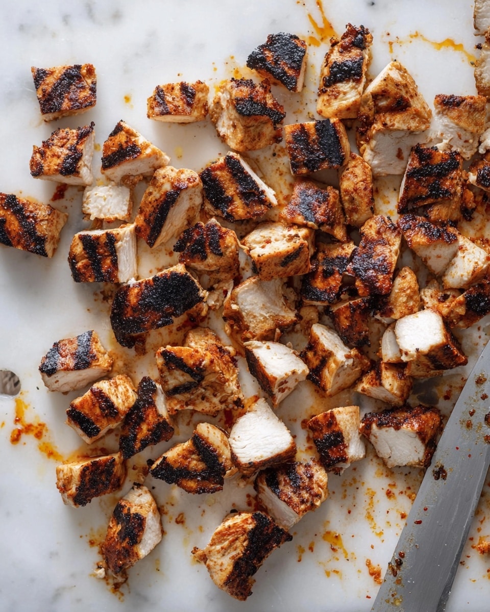 Chunks of grilled chicken with dark brown charred edges are scattered on a white marbled surface. The chicken pieces are cut into small to medium-sized cubes showing white juicy inside with a crispy brown outside. There are some orange spices and juices spread between the pieces, and a silver knife lies at the bottom right with chicken pieces near its blade. Photo taken with an iphone --ar 4:5 --v 7