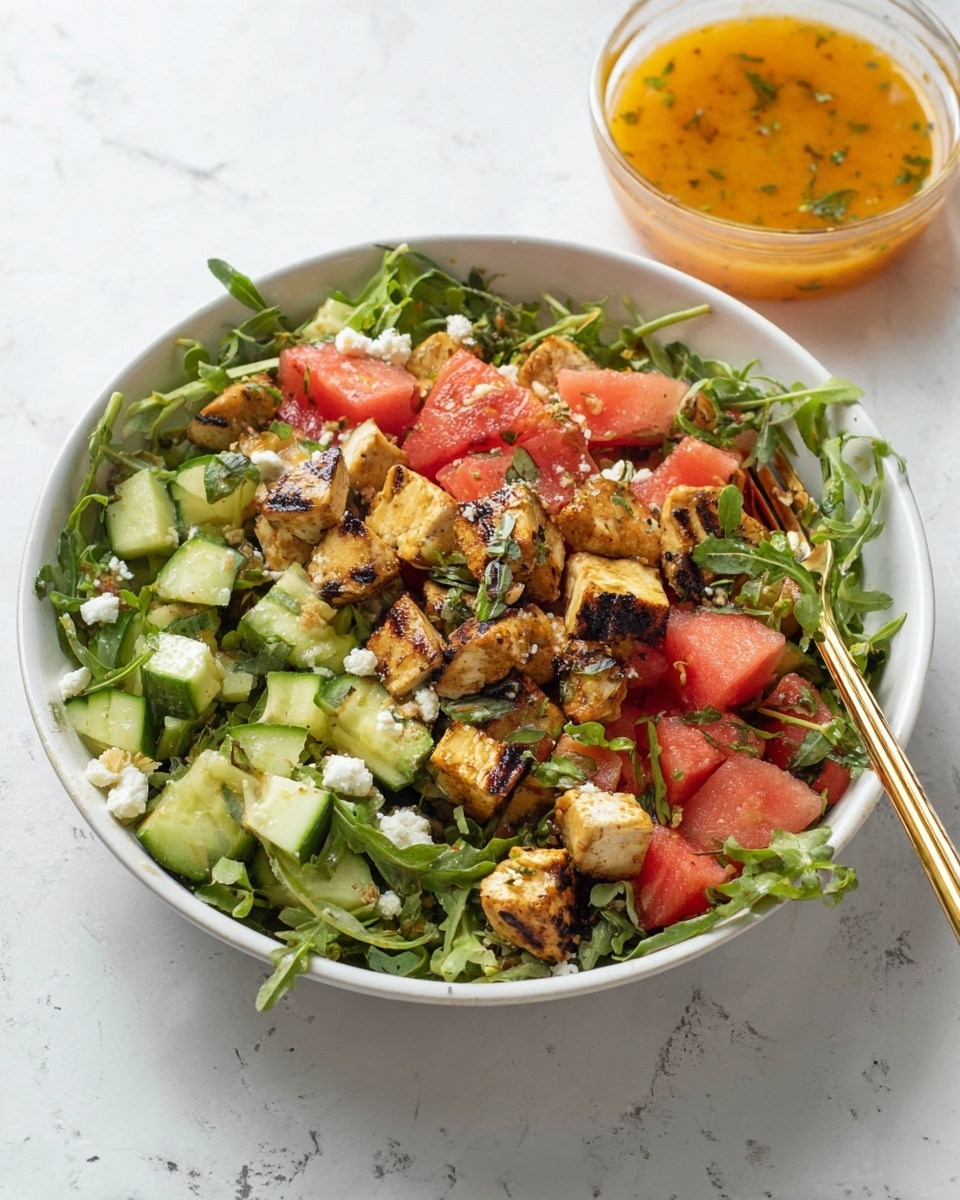 A white bowl sits on a white marbled surface filled with a colorful salad made up of several layers: the bottom layer is fresh green arugula leaves, topped with sliced light green cucumbers scattered throughout; next come golden brown grilled chicken cubes with slightly charred edges, and bright red watermelon chunks adding a juicy contrast; small bits of white feta cheese are sprinkled across the salad along with some crushed nuts. A gold fork rests inside the bowl, and in the top right corner on the surface, there is a small clear round bowl filled with orange salad dressing with herbs visible in it. Photo taken with an iphone --ar 4:5 --v 7