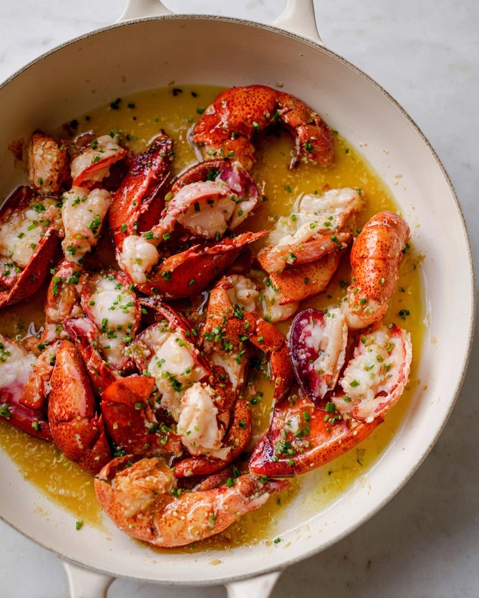 A white pan filled with cooked lobster pieces in uneven chunks and claws, showing a mix of bright red and white colors. The lobster is covered with a shiny golden-yellow butter sauce, and sprinkled with small green herbs, giving a fresh touch. The pan is placed on a white marbled surface. photo taken with an iphone --ar 4:5 --v 7