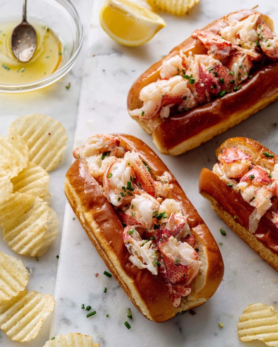 The image shows two lobster rolls on a white marbled surface. Each roll has a shiny, golden-brown toasted bun, split open horizontally. Inside the bun, there are chunky pieces of cooked lobster meat with a mix of white and red colors, topped with small green herbs, possibly chopped chives or dill, adding a fresh look. Around the lobster rolls, there are scattered crinkle-cut potato chips in light yellow and some lemon wedges with a pale yellow color. A clear glass bowl with a yellow sauce and a spoon inside is partly visible on the left side. The setting is bright and clean with a fresh, simple presentation photo taken with an iphone --ar 4:5 --v 7