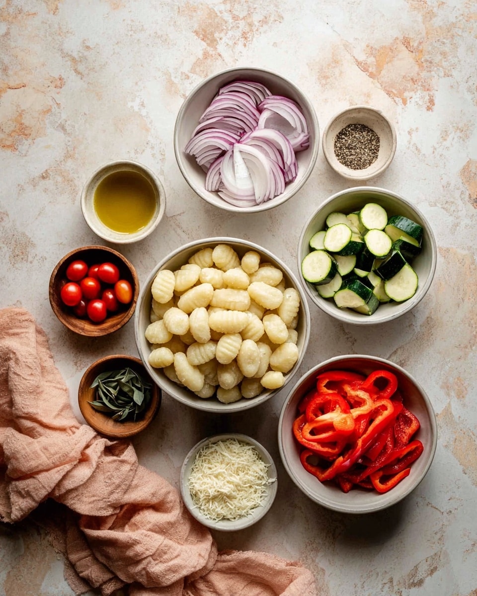 The image shows an overhead view of several small white bowls on a white marbled surface, each holding different fresh ingredients. At the center is a bowl full of pale yellow gnocchi. To its right is a white bowl with sliced red bell peppers, and below that is another white bowl filled with sliced zucchini green on the edges and pale inside. Above the gnocchi bowl is a white bowl with thin slices of red onion, and to the left of it is a small white cup filled with a golden liquid, likely oil. Next to the oil, a smaller white bowl holds cherry tomatoes, some whole and some halved, showing bright red and shiny surfaces. In front of the gnocchi bowl and slightly to the lower left is a small bowl of finely grated white cheese. There is also a tiny white bowl with coarse ground black pepper and another small wooden bowl with dark green leaves or herbs. A light peach-colored cloth is casually placed near the bowls, adding a soft texture to the composition. photo taken with an iphone --ar 4:5 --v 7