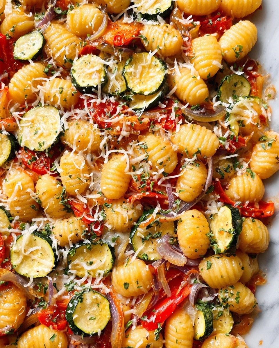 A white plate holds a dish of golden pan-fried gnocchi mixed with vibrant layers of sautéed red bell pepper strips, light green zucchini slices with browned edges, and thin slices of purple-red onion. The dish is topped with small shreds of white cheese and a few green basil leaves scattered on top. The plate sits on a woven mat with a piece of torn newspaper underneath, placed on a white marbled surface. Around the plate there are small white bowls, one with coarse salt and another with mixed herbs. To the left side, a pink cloth holds two gold forks. photo taken with an iphone --ar 4:5 --v 7