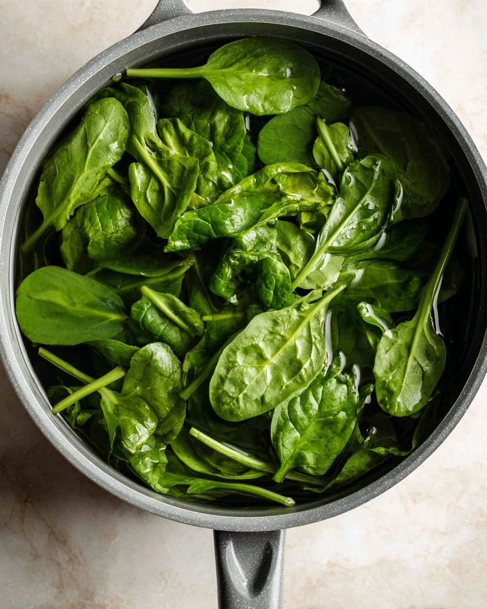 A close-up top view of fresh green spinach leaves soaking in clear water inside a gray cooking pot with a handle, placed on a white marbled surface. The spinach leaves are bright and vibrant with visible veins and stems, some submerged while others float on top, creating a fresh, natural look. The pot's rim and handle are simple and clean in design, and the water adds a slight shine to the leaves. photo taken with an iphone --ar 4:5 --v 7