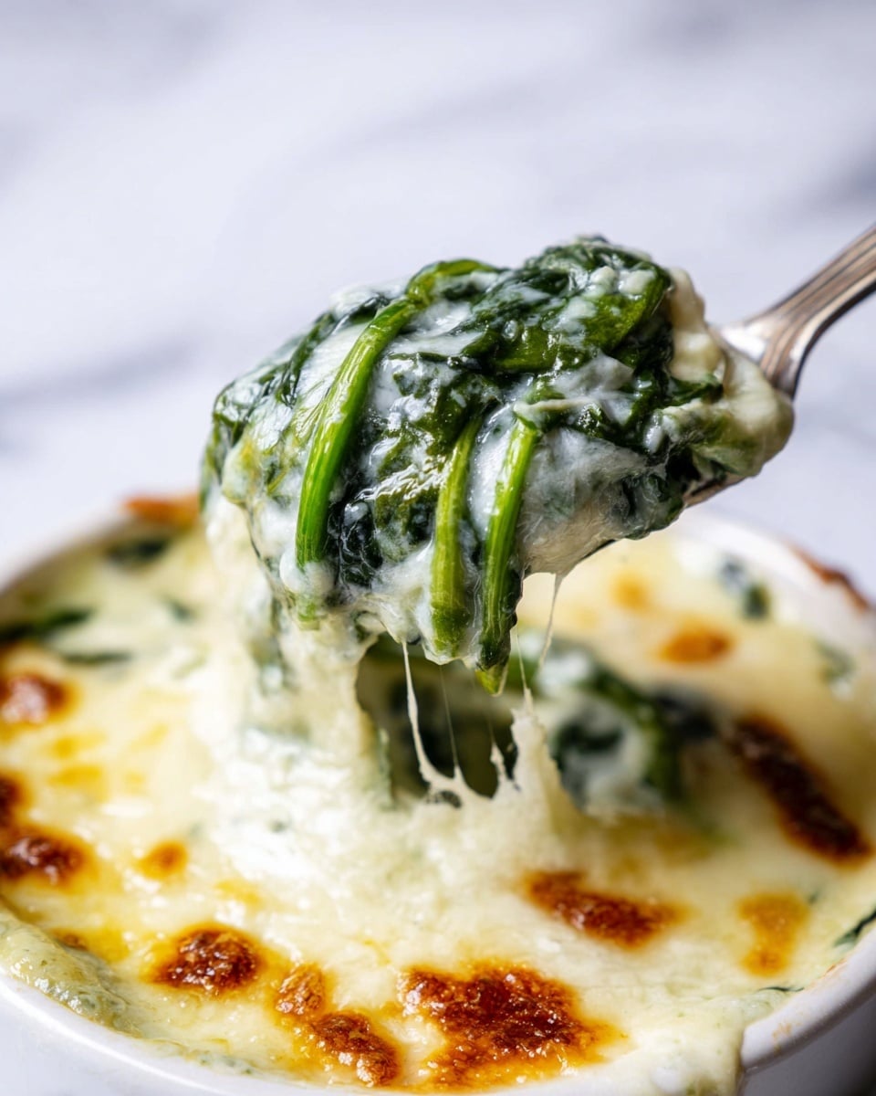 The image shows a white dish filled with melted, creamy cheese that is slightly browned on top. In the center, a spoon lifts a bundle of cooked green spinach stems coated thickly in the melted cheese sauce. The cheese has a smooth, bubbly texture with some golden spots, while the spinach is bright green and moist, peeking through the cheese layers. The background is a white marbled texture. photo taken with an iphone --ar 4:5 --v 7
