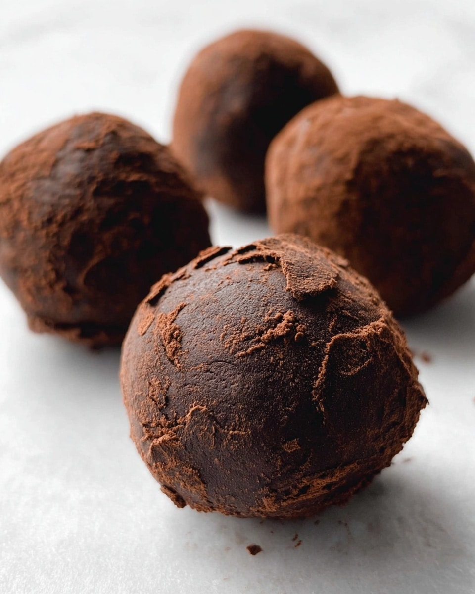 The image shows four dark brown chocolate truffles with rough, slightly cracked textures on their surface. The truffles have a round shape and look dense, with some small uneven bits and a matte finish, sitting on a smooth white marbled surface. The focus is on the front truffle, which shows more visible details of the texture, while the other three are slightly out of focus in the background. photo taken with an iphone --ar 4:5 --v 7