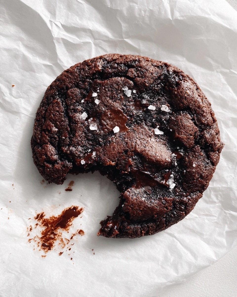 A dark, rich chocolate cookie with a slightly rough and cracked surface sits on crinkled white parchment paper over a white marbled texture. The cookie has a thick, dense look with different shades of dark brown, and its top layer is studded with small flakes of sea salt that catch the light. A bite is taken out of the cookie, exposing a moist, slightly shiny inside and some melted chocolate spots around the bitten edge, with a small chocolate smear on the paper nearby. The scene is bright with soft natural light highlighting the cookie's texture and salt flakes. photo taken with an iphone --ar 4:5 --v 7