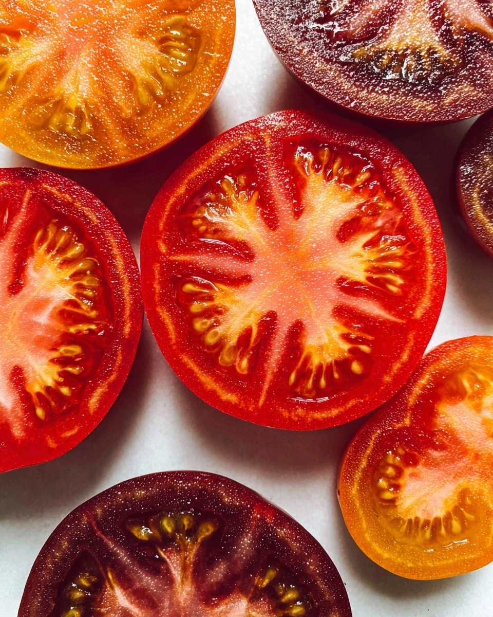 Close-up image of several tomato slices arranged on a white marbled surface. There are six visible slices with vibrant red and deep reddish-purple colors. Each slice shows detailed inner textures of seeds and soft pulp in lighter yellowish-orange hues, with the red slices showing clear radial pattern from the center to the edges. The tomato skin is smooth, shiny, and slightly glossy, contrasting with the soft, juicy interiors. The slices vary in size, with some round and others slightly irregular in shape. The lighting highlights the moisture on the tomato surface, making the slices look fresh and ripe photo taken with an iphone --ar 4:5 --v 7