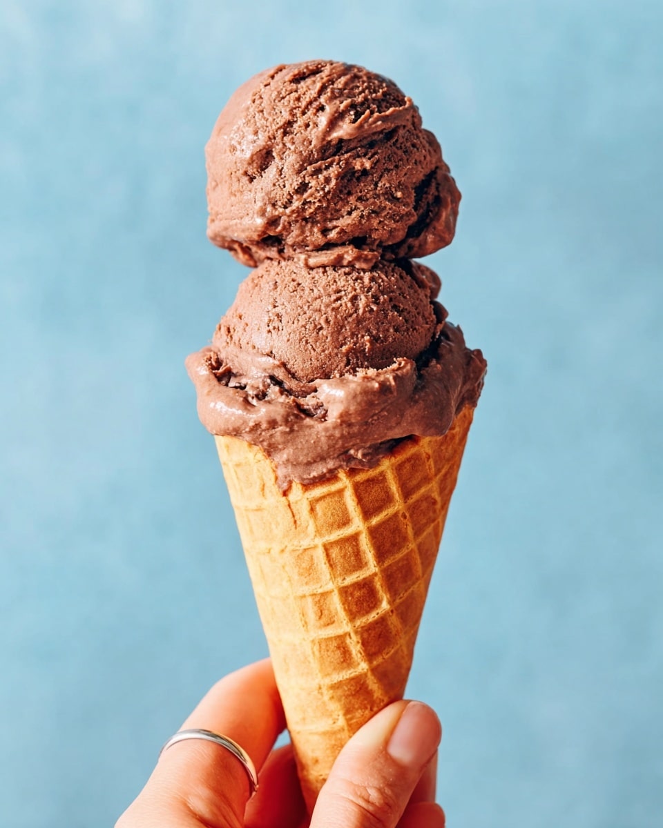 The image shows two scoops of chocolate ice cream stacked on top of each other in a waffle cone. The ice cream is dark brown, creamy with small pieces of chocolate mixed inside, and slightly melting at the edges. The waffle cone is light golden with a crisp texture and a diamond pattern. A woman's hand is holding the cone gently by the bottom part, with a simple thin ring on the finger. The background is a smooth light blue, contrasting softly with the ice cream and cone. photo taken with an iphone --ar 4:5 --v 7