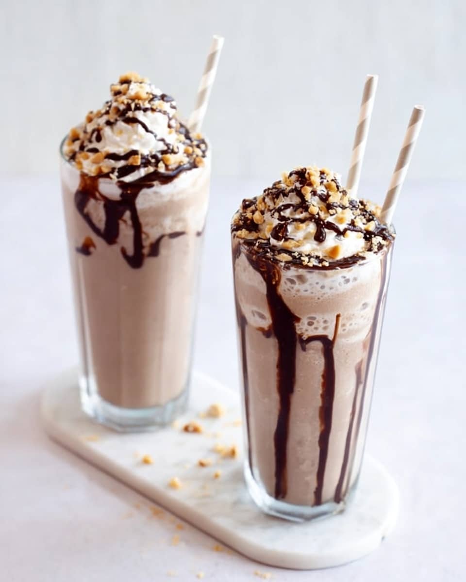 The image shows two tall clear glasses filled with light brown milkshake topped with a thick layer of whipped cream, drizzled generously with dark chocolate syrup and sprinkled with small pieces of nuts. White straws stand straight in each glass. The drinks sit on a white marbled surface with a soft, clean background. photo taken with an iphone --ar 4:5 --v 7