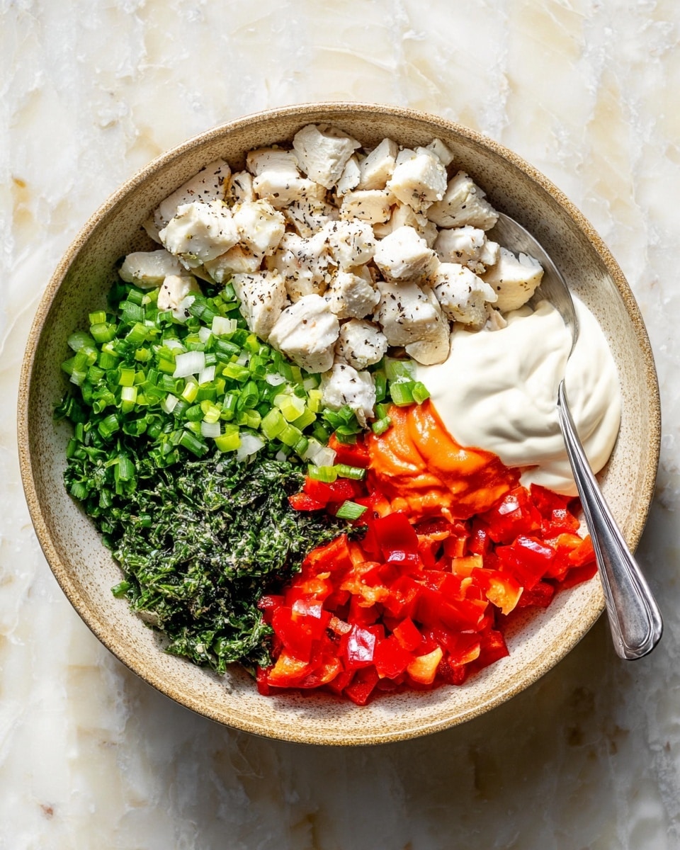 A round bowl with seven visible layers of ingredients is shown from above on a white marbled surface. Starting from the top left, there are small, white chopped pieces of cooked chicken with black pepper, followed by chopped green onions and finely chopped green herbs with some salt sprinkled on top. Moving clockwise, there are bright red diced bell peppers mixed with some black pepper, more finely chopped dark green herbs, a dollop of white yogurt or sour cream, a creamy light beige mayonnaise, and a reddish sauce that looks smooth and thick. A silver spoon rests in the bowl near the chicken pieces. Photo taken with an iphone --ar 4:5 --v 7
