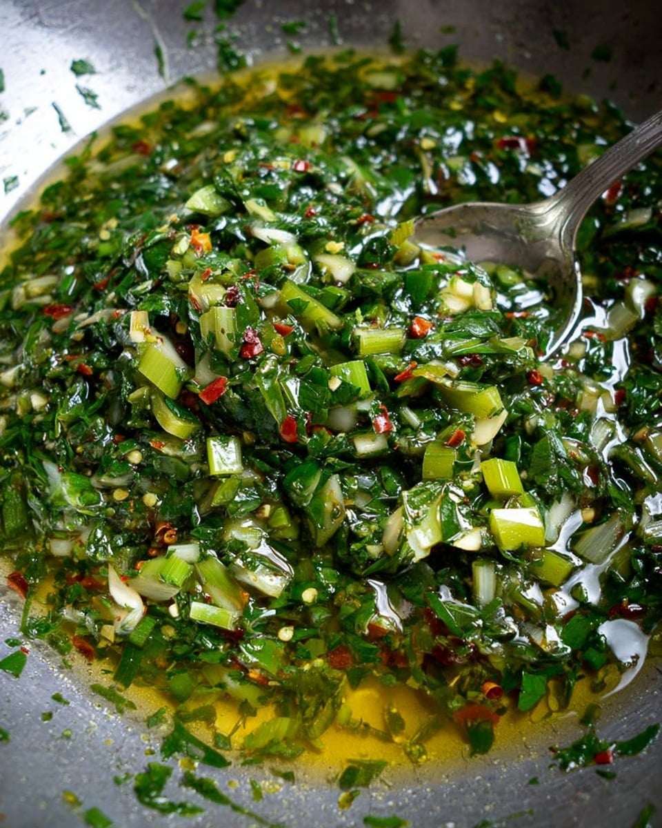 This image shows a close-up of a silver pan filled with chopped green herbs and diced light green stalks mixed in a shiny golden oil. Tiny red chili flakes are scattered among the herbs, adding small dots of red color. A metal spoon rests on the right side, partially dipped into the mixture, reflecting some of the green and gold tones. The texture looks moist and oily with visible pieces of herbs and small bits of garlic or onion throughout. photo taken with an iphone --ar 4:5 --v 7