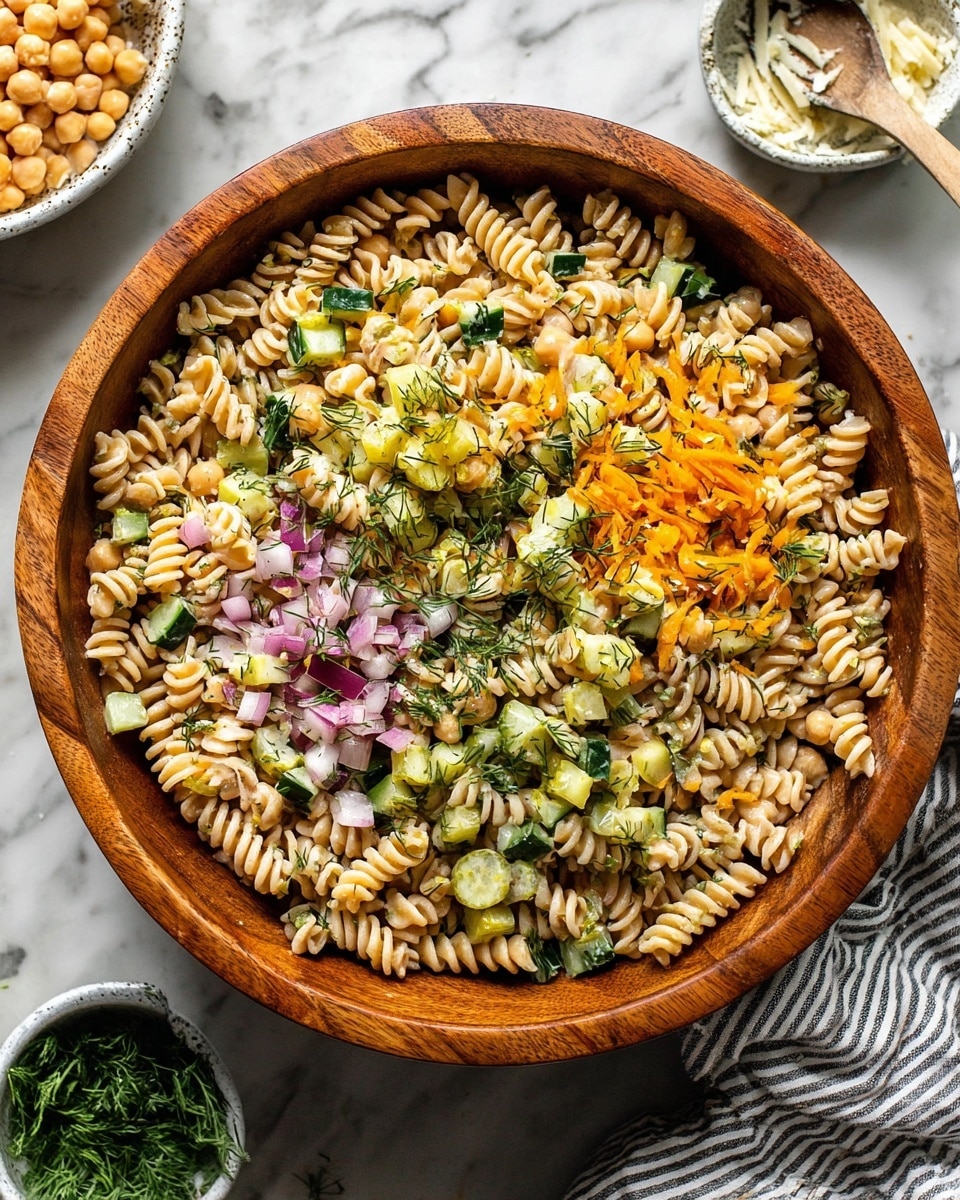 The image shows a large wooden bowl filled with a spiral pasta salad mixed with layers of different ingredients. The bottom layer is light beige twisted pasta, followed by a scattering of small yellow chickpeas and pieces of chopped green cucumbers and pickles. There are bits of thin shredded orange carrots and small pieces of purple onion spread throughout. Fresh green dill herbs add a touch of color on top, along with a sprinkling of crushed light yellow potato chips in the center. Two wooden salad spoons with white handles rest in the bowl, one near the bottom left and the other near the right side. The bowl sits on a white marbled surface with a small plate of white cheese crumbles and a white bowl of pickles nearby. Photo taken with an iphone --ar 4:5 --v 7