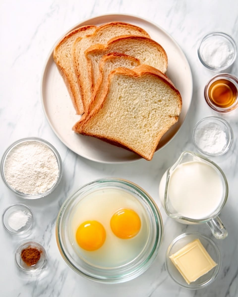 A white plate with five slices of light brown bread arranged slightly overlapping is placed on a white marbled surface. Below the plate is a glass bowl containing two cracked eggs with bright yellow yolks and clear whites swirling. Next to the bowl is a small glass pitcher filled with white milk. Around these main items, there are small glass containers holding white granulated sugar, a white powder (likely flour), and a small amount of brown spice. Near the milk pitcher is a small piece of pale yellow butter. The scene shows a close, clear top view of all items, all on the white marbled surface. photo taken with an iphone --ar 4:5 --v 7