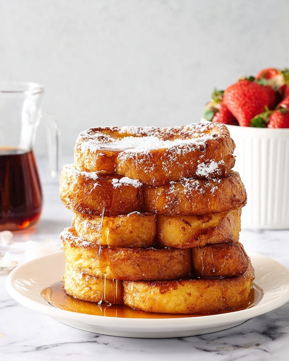 A stack of four thick slices of golden brown French toast sits centered on a white plate. Each slice shows a fluffy and slightly crispy texture, with syrup dripping down the sides and pooling on the plate. A small dusting of powdered sugar covers the top slice. To the left, a glass syrup dispenser filled with dark syrup is visible, while in the blurred background on the right, a white container holds bright red strawberries with green tops. The surface under the plate is white marble and the background is a soft white wall. photo taken with an iphone --ar 4:5 --v 7