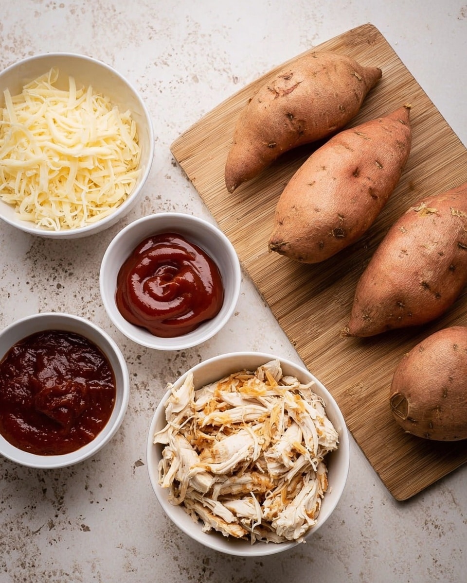 The image shows ingredients arranged on a white marbled surface consisting of four whole sweet potatoes placed on a small wooden cutting board to the right, a white bowl filled with shredded chicken placed below the bowls of cheese and sauce, a white bowl with shredded pale yellow cheese at the top left, and a small white bowl holding red barbecue sauce with a smooth texture between the cheese and chicken bowls. Photo taken with an iphone --ar 4:5 --v 7
