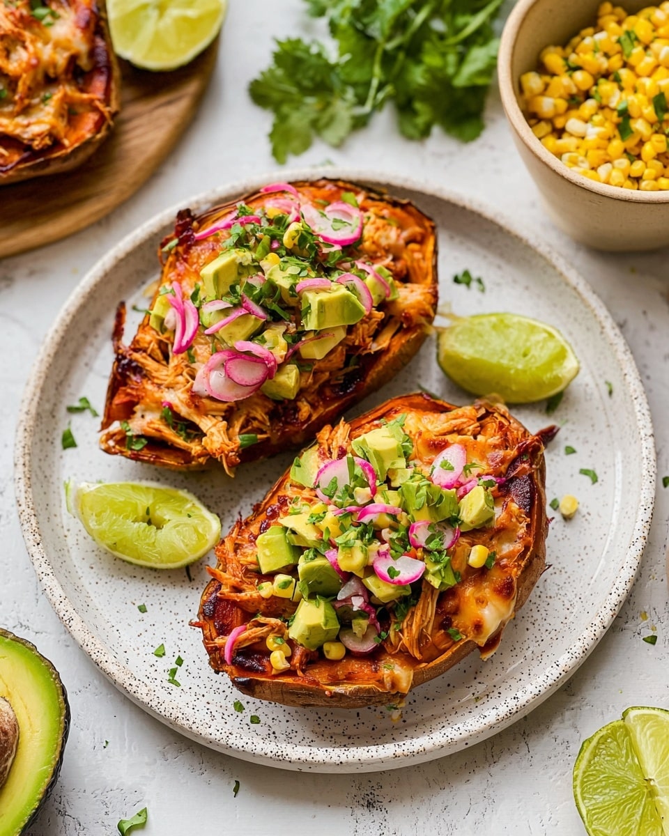 Two halved sweet potatoes sit on a white speckled plate over a white marbled surface. Each sweet potato half forms the base layer, topped with melted cheese that is slightly browned. On the cheese, there is a layer of shredded, sauced chicken, giving a rich dark orange color with glossy texture. The top layer is a fresh mix of chopped avocado, yellow corn kernels, and thin pink pickled strips, scattered with green chopped herbs. Two lime wedges rest between the sweet potatoes. On the plate, there are two small beige bowls—one filled with the corn mix and the other only partially visible. Fresh green cilantro and avocado are placed in the scene around the plate. Photo taken with an iphone --ar 4:5 --v 7