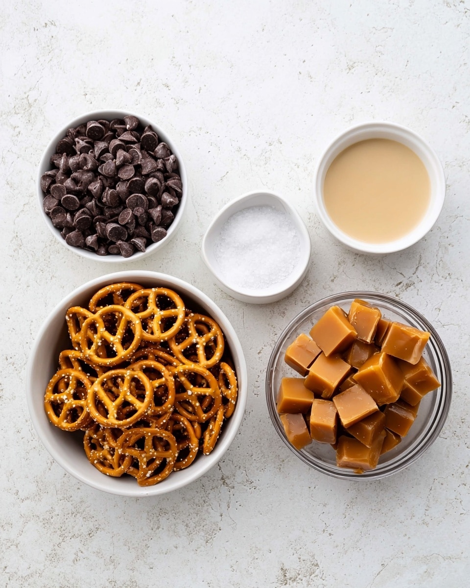 The image shows five white bowls placed on a white marbled surface. The largest bowl in the center holds many small, round pretzels that are golden brown and shiny with some salt grains visible. To its left, there is a bowl filled with dark brown chocolate chips, small and slightly glossy. Above and between these two bowls, a tiny white bowl contains coarse white salt, and next to it on the right, another small white bowl holds a smooth light beige creamy liquid. To the far right, a clear white bowl is filled with many soft caramel-colored square candies with smooth, slightly glossy surfaces. photo taken with an iphone --ar 4:5 --v 7