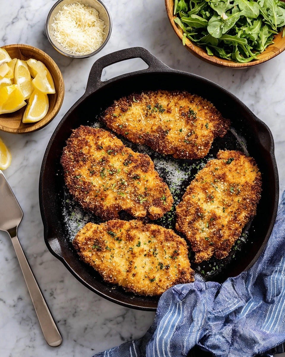 The image shows four large, golden-brown pieces of fried food with a crispy texture, placed inside a black cast iron skillet. The breading on each piece is speckled with herbs, giving them a slightly uneven, crunchy surface. Around the skillet, there are small bowls: one with grated cheese, another with lemon wedges, and a wooden bowl filled with green leafy salad. The skillet is set on a white marbled surface, and a blue and white striped cloth is casually draped near the skillet’s handle. photo taken with an iphone --ar 4:5 --v 7