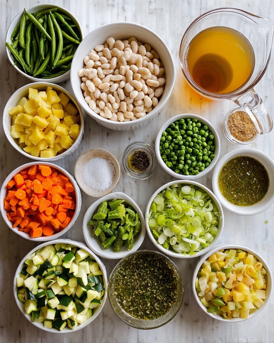 The image shows an overhead view of many small white bowls and a clear pitcher filled with ingredients on a white marbled surface. The largest white bowl near the center has white beans. Surrounding it are smaller white bowls with bright green chopped asparagus, yellow cubed potatoes, chopped white onions, diced orange carrots mixed with green celery pieces, chopped green spinach, and cubed green zucchini. There are also small white dishes holding finely chopped garlic, salt, dried oregano, and black pepper. A small bowl contains green frozen peas, and a larger bowl holds a green pesto-like sauce. A small glass bowl has olive oil, and a clear glass pitcher is filled with light brown broth. The arrangement is neat, and the ingredients show fresh, varied colors and textures photo taken with an iphone --ar 4:5 --v 7