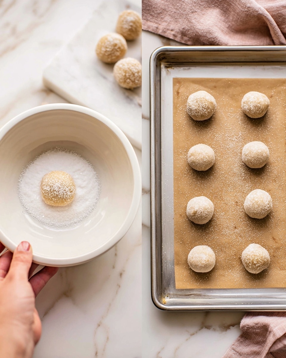 The image shows two parts: on the left, a woman's hand holding a light beige cookie dough ball covered in white sugar sugar inside a white bowl with more white sugar at the bottom, on a white marbled surface; on the right, a silver baking tray lined with brown parchment paper, holding evenly spaced balls of the same light beige dough dusted with sugar, set on a white marbled background with a pink cloth nearby. photo taken with an iphone --ar 4:5 --v 7