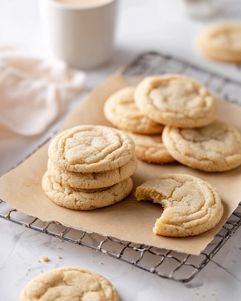 A stack of six round, light golden cookies with a slightly rough texture is placed on a white marbled surface. The top cookie has a bite taken out of it, showing a soft interior. To the right of the stack, there is a clear glass bottle filled halfway with white milk. The background is soft and grayish, creating a simple, clean look. photo taken with an iphone --ar 4:5 --v 7