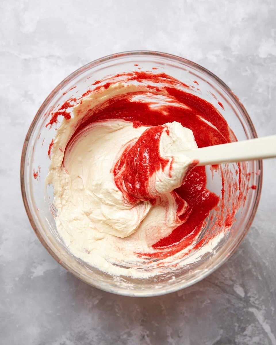 A clear glass bowl sits on a white marbled surface, inside it there are two main layers being mixed with a white spatula. The bottom and side layer is thick and creamy, off-white in color with a smooth texture. The top central layer is bright red and slightly thick, looking like a sauce or puree. The spatula is lifting some of the red layer while blending it with the creamy layer, creating a mix of red and white swirls. The bowl’s transparent sides show smears of the creamy mixture clinging to the inside edges. photo taken with an iphone --ar 4:5 --v 7