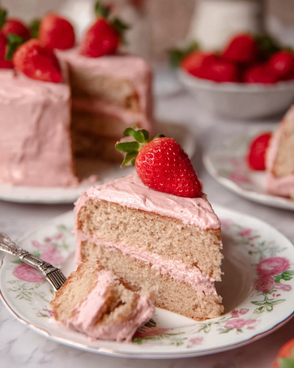 A slice of two-layer cake sits on a white plate with delicate pink floral patterns. Each cake layer is light brown and fluffy, separated and topped with a thick, smooth light pink frosting. On top of the slice, there are two halved fresh strawberries with green leaves. A silver fork holds a small piece of cake with pink frosting in front of the slice. In the background, a whole two-layer cake with the same pink frosting and strawberries on top is slightly blurred, next to a bowl filled with fresh red strawberries. The setting is on a white marbled surface with subtle warm light. Photo taken with an iphone --ar 4:5 --v 7