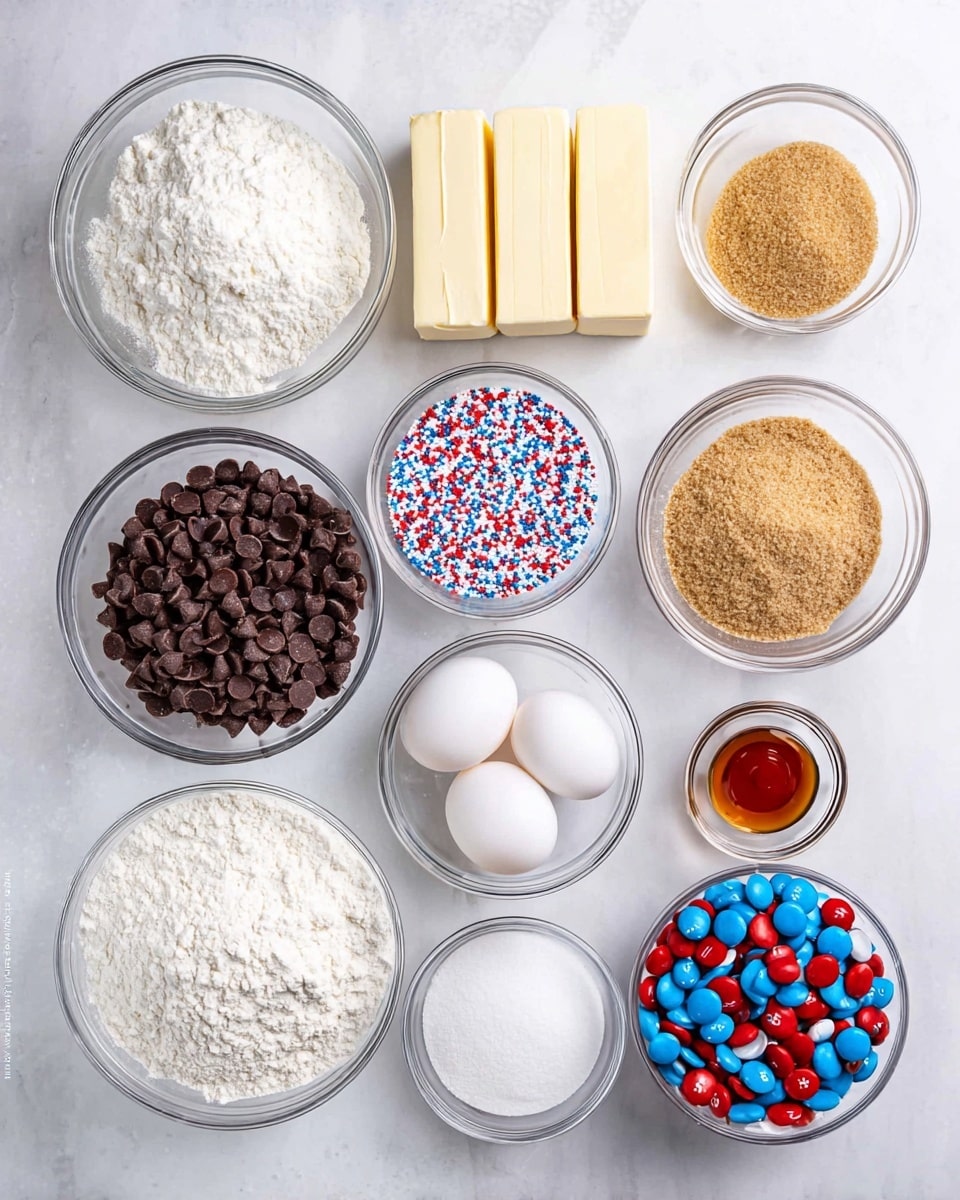 The image shows ten clear glass bowls and two white eggs arranged neatly on a white marbled surface. Starting from the bottom left, there is a large bowl filled with white flour. Above it to the left is a smaller bowl with shiny, dark brown chocolate chips. Next to it on the right is another bowl filled with light brown sugar, its texture soft and crumbly. Above the sugar bowl is a small bowl with red, white, and blue sprinkles. In the top middle are two sticks of butter in their paper wrappers, placed side by side. To the right of the sugar bowl is a bowl full of white granulated sugar with a fine texture. Below that are two tiny bowls, one with baking soda and the other with baking powder; both contain white powder. Next to them, a tiny bowl with white salt is placed. To the far right is a clear bowl filled with red, white, and blue candy-coated chocolates. Just above the candy bowl is a small glass bowl with amber-colored vanilla extract. The two white eggs rest near the butter sticks on the top right. The entire setup is clean and bright with the bowls showing colors clearly. Photo taken with an iphone --ar 4:5 --v 7