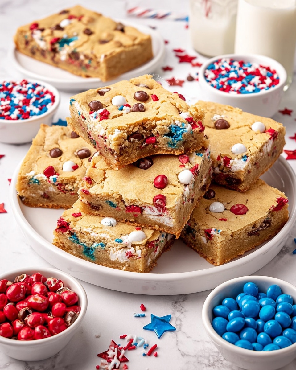 A white plate holds a stacked pile of square cookie bars, each bar showing a golden-brown top layer with colorful blue, red, and white candy pieces scattered throughout and on top. The texture looks soft and slightly crumbly with visible brown chocolate chips peeking through the sides. The cookie bars are thick, about two layers high, with a dense interior that has more candy pieces and chocolate chips embedded. Some small sprinkles in red, white, and blue colors are also scattered both on the bars and the white marbled surface beneath. The scene is bright and festive, suggesting a fun, sweet treat. photo taken with an iphone --ar 4:5 --v 7