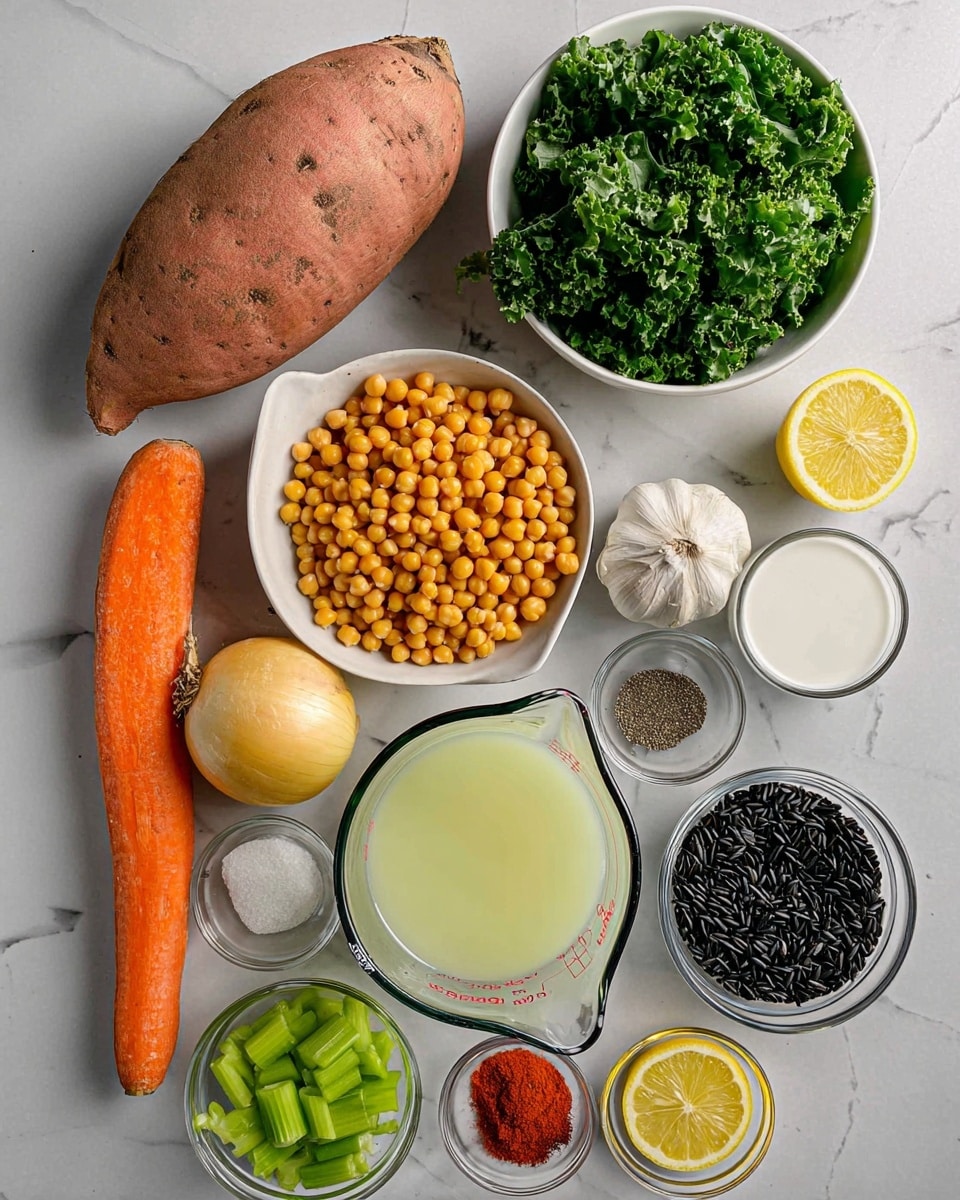 The image shows several ingredients placed on a white marbled surface. At the top center, there is a large sweet potato with rough brown skin. To its right, a white bowl is filled with green leafy kale. To the left of the sweet potato is an orange carrot, several garlic cloves, and below them, a clear glass bowl filled with yellow chickpeas. At the center bottom, a large glass measuring cup holds a light yellow liquid. To the right of the sweet potato is a whole yellow onion, next to it a gray measuring cup filled with white coconut milk, and a lemon cut in half with bright yellow flesh. Below that, a clear bowl holds black rice grains, and near it, a small bowl contains green celery pieces. There are also three small clear bowls; one has red paprika powder, another has black pepper, and the last one has green herbs. The arrangement is clean and neat. Photo taken with an iphone --ar 4:5 --v 7